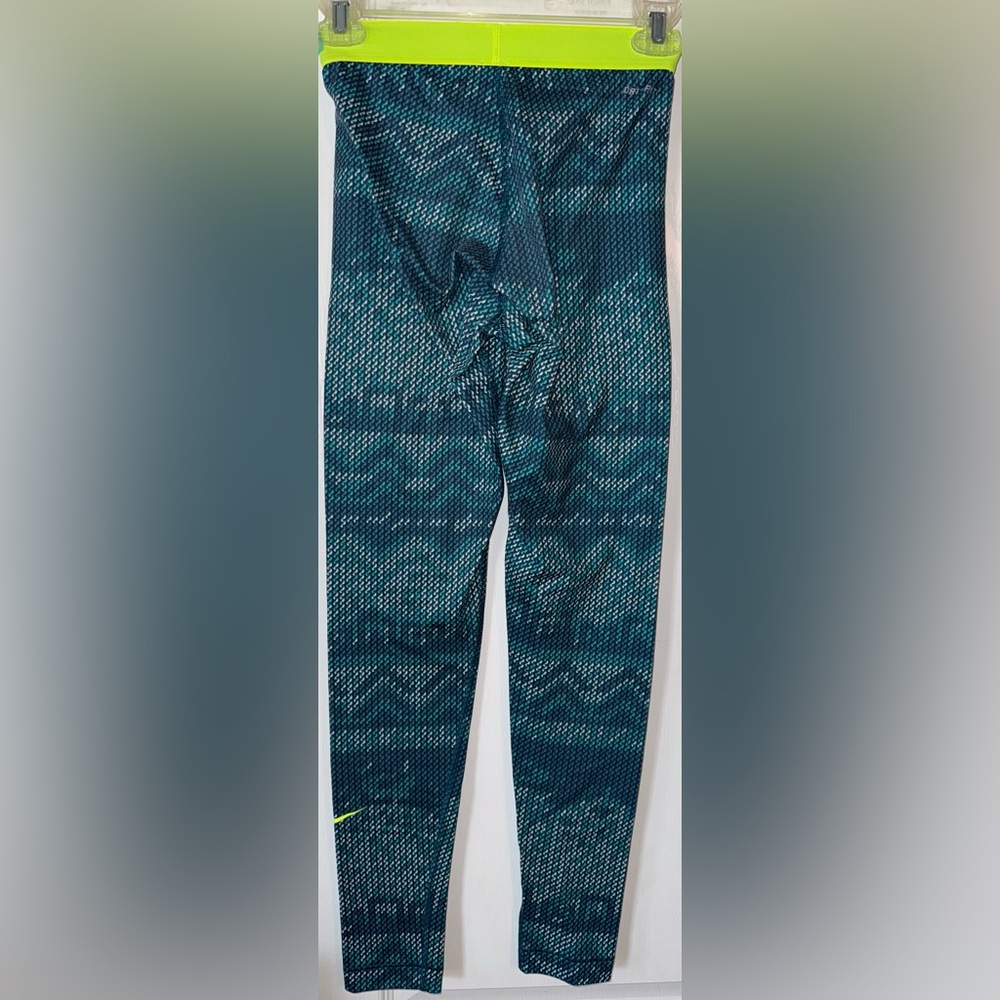Nike Pro Leggings Blue Teal Neon Green Waistband Size XS - Picture 3 of 12